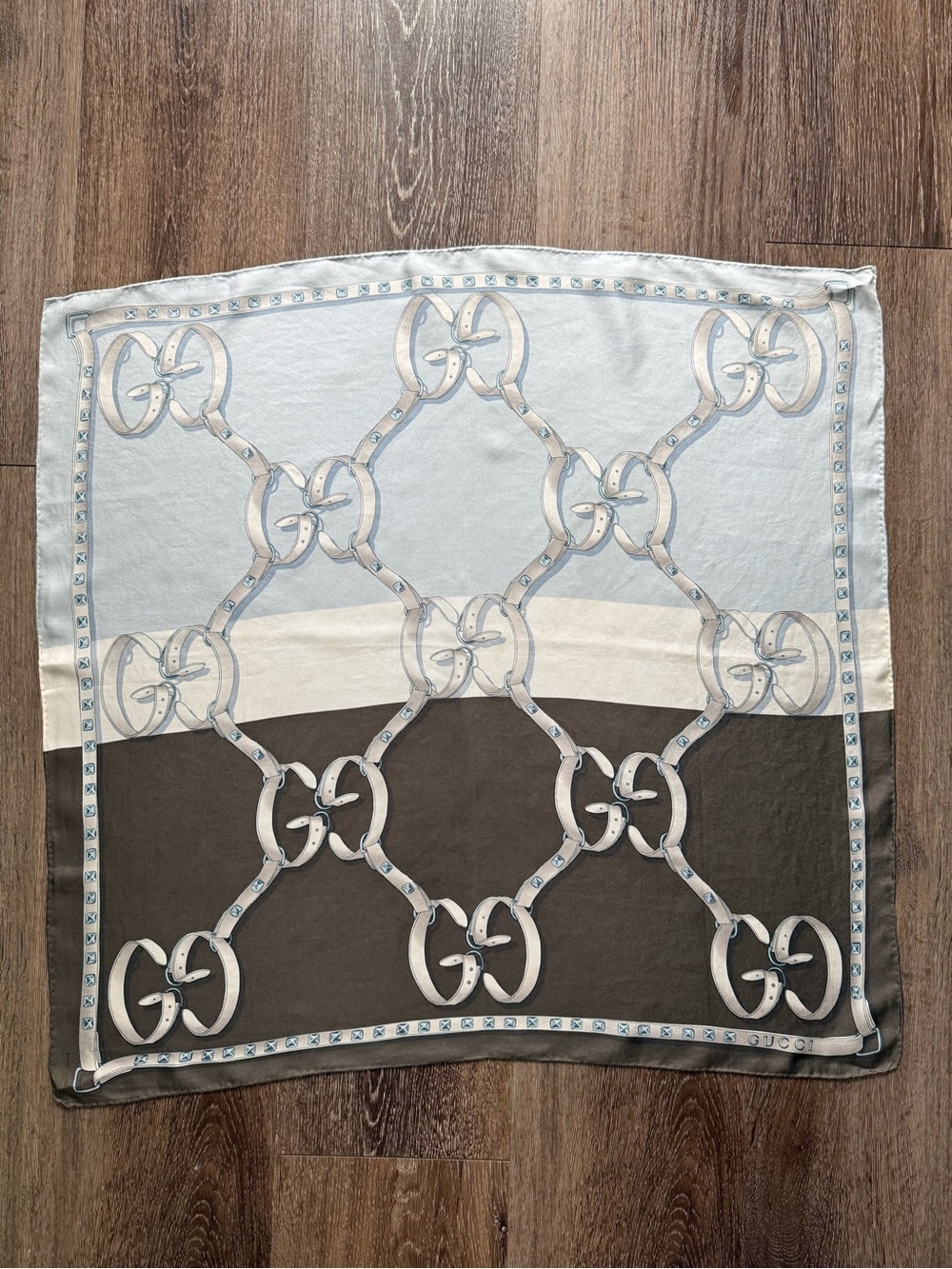 Display # 3 Gucci Blue, Cream & Brown Interlocking G Chain Print Scarf